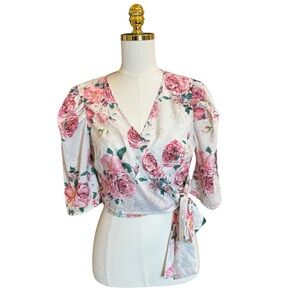 PrettyLittleThing Floral Wrap Tie Blouse US 8
